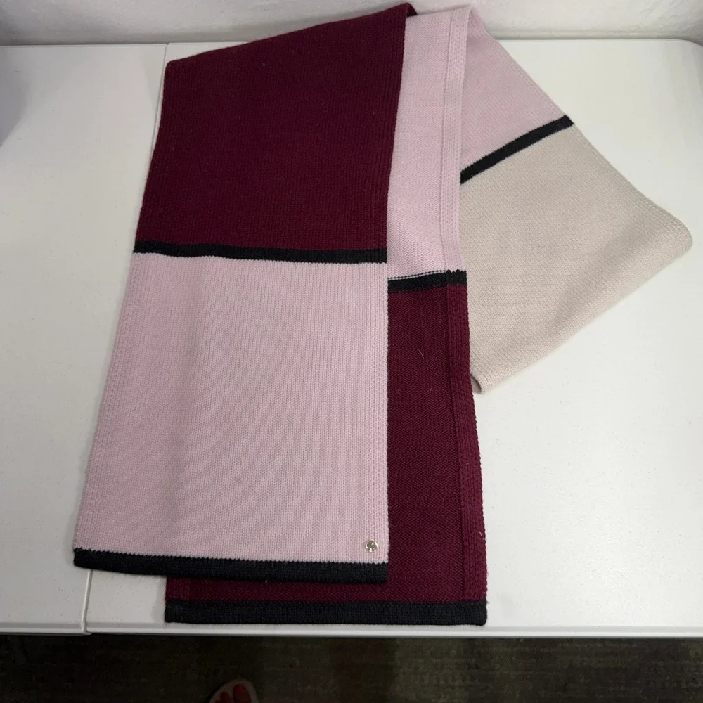 Kate Spade Scarf Colorblock Knit Burgundy Pink Cream Gold Spade Logo Designer